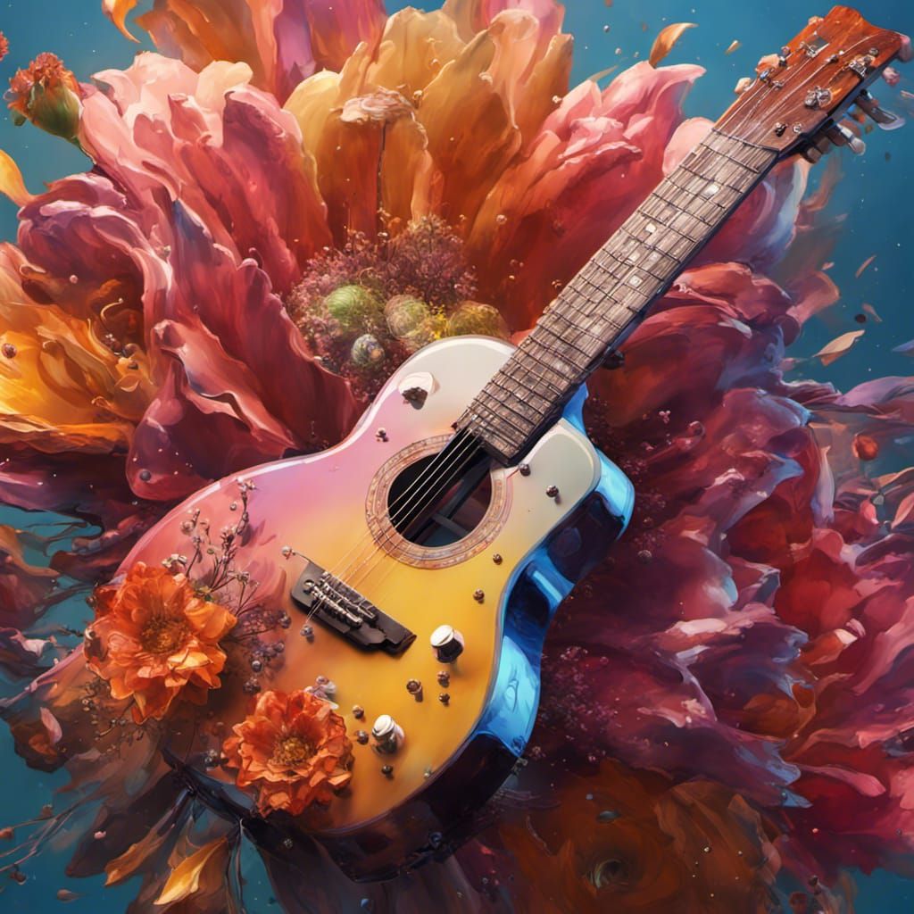 Guitargun flower photo Hyperrealistic, splash art, concept a...