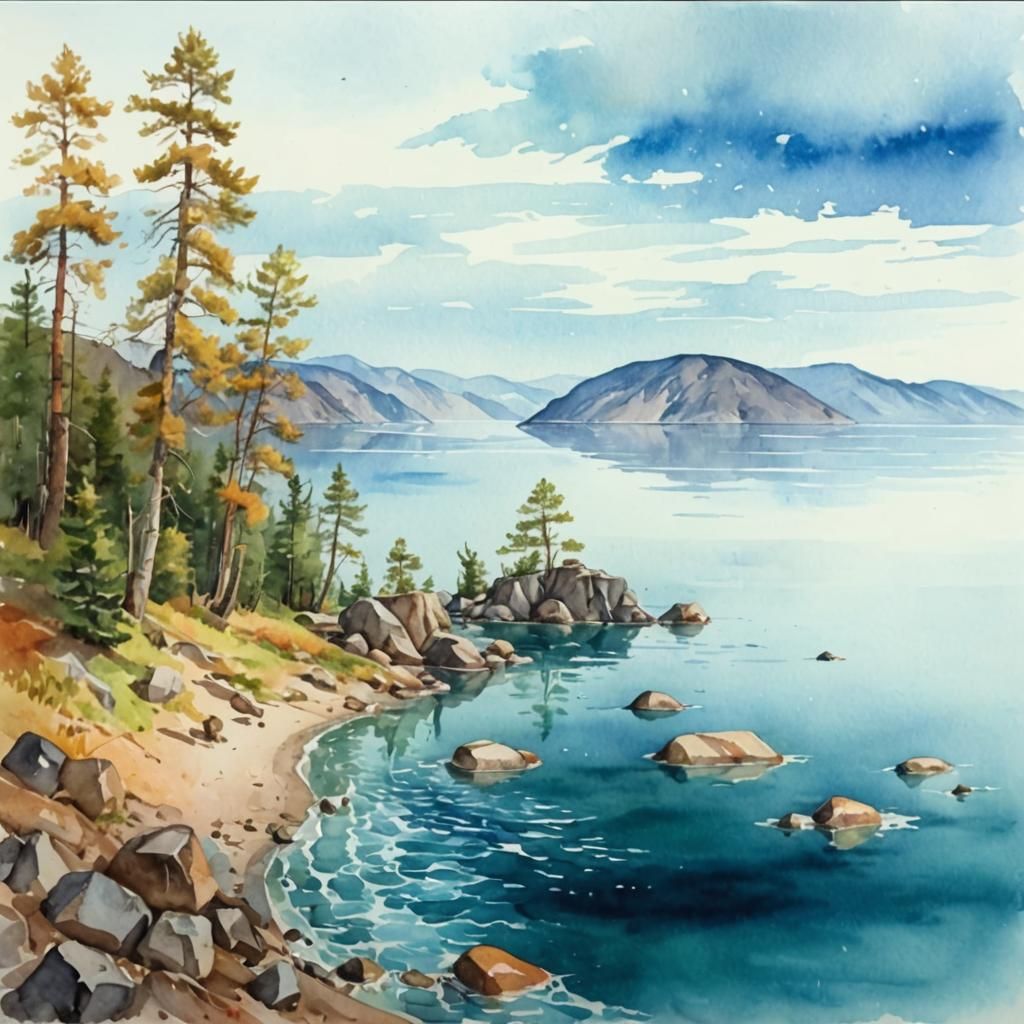 Water landscape. Lake, watercolor