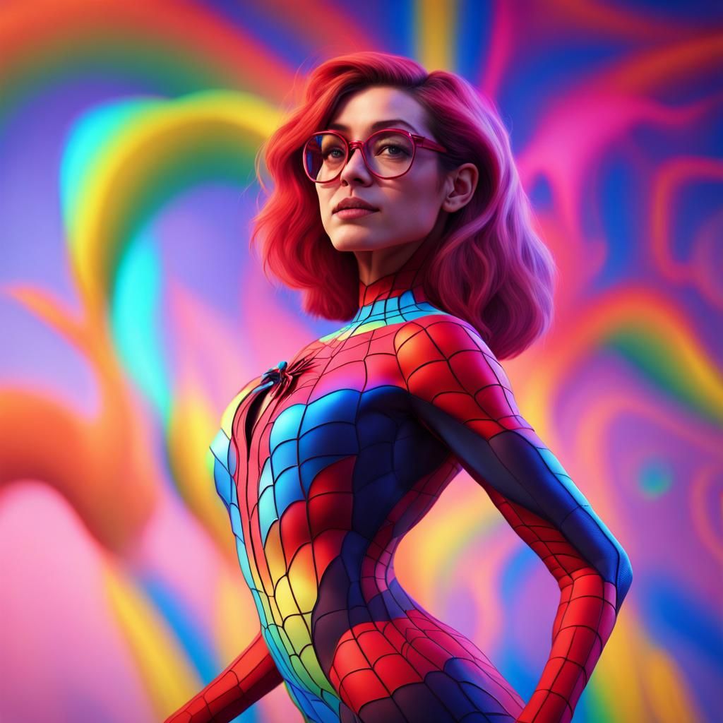Lady surrounded by vibrant colors with a rainbow spiderman s...
