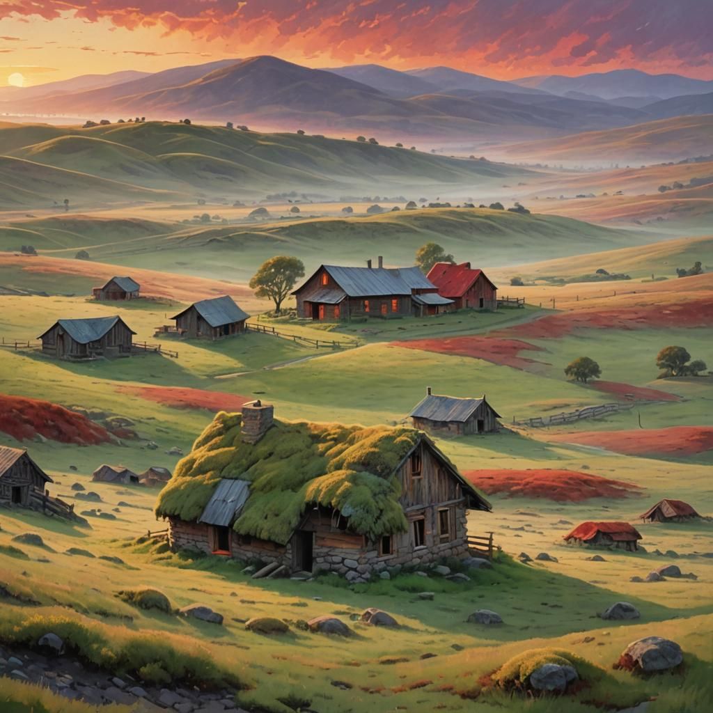 Misty pastel. Red and gold sunset . Rolling hills and valley...