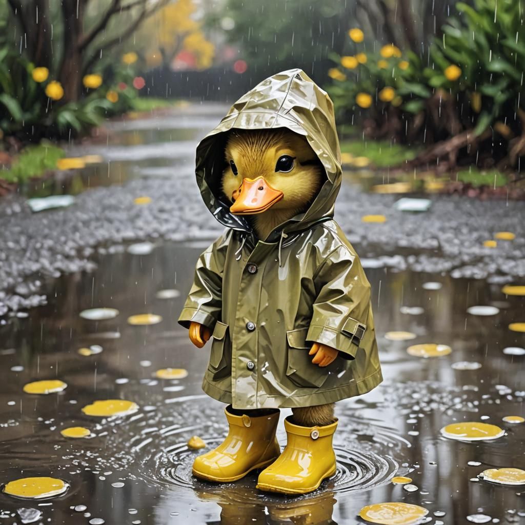 A cute baby duck wearing a rain coat and yellow rubber boots AI Generated Artwork NightCafe Creator