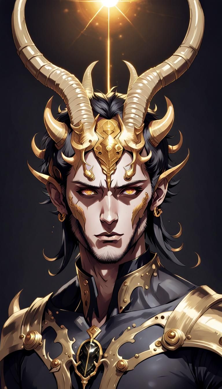 a male portrait of a man with horns on his head, in the style of anime ...