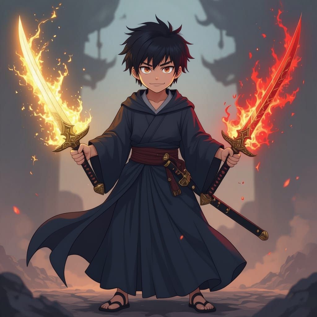 make a boy with a robe on his body holding two swords which are surrounded by both holy and hellish aura