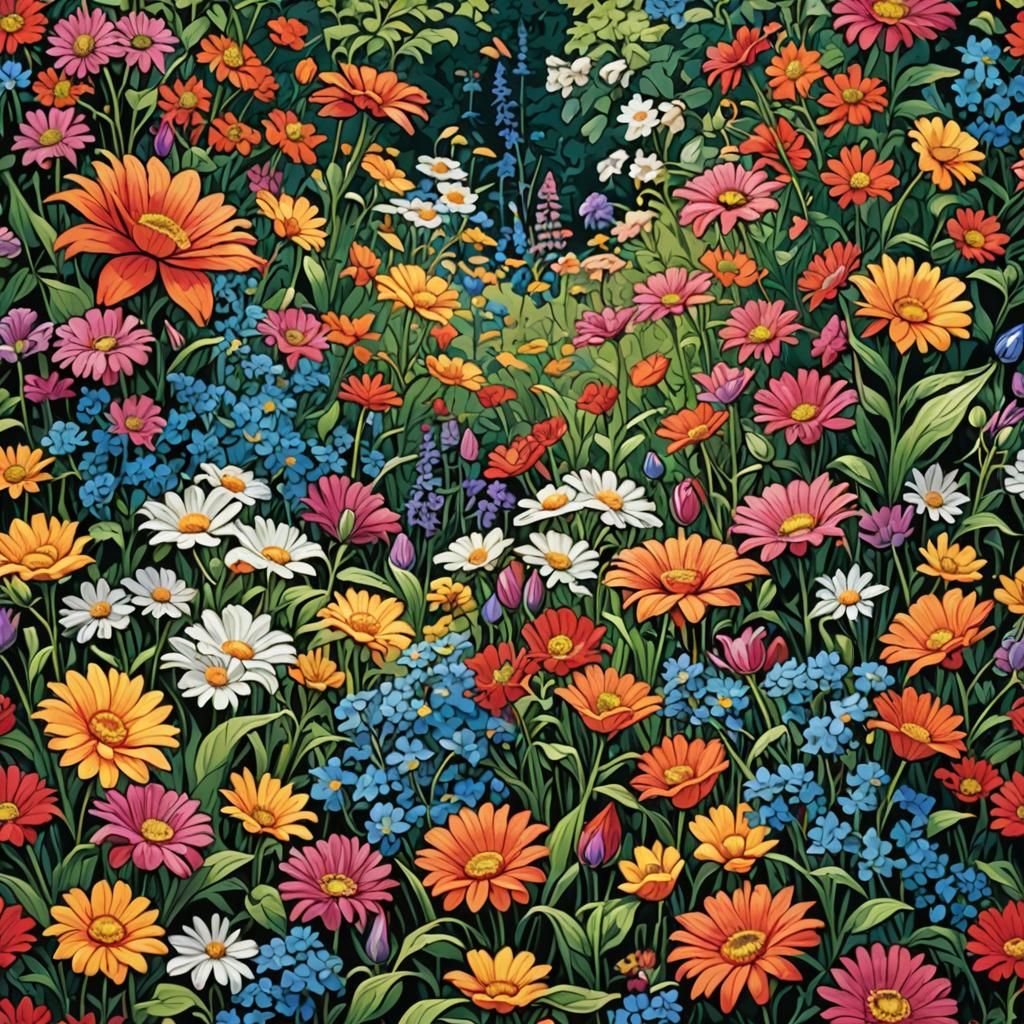Paint-by-numbers kit featuring a vibrant garden of flowers