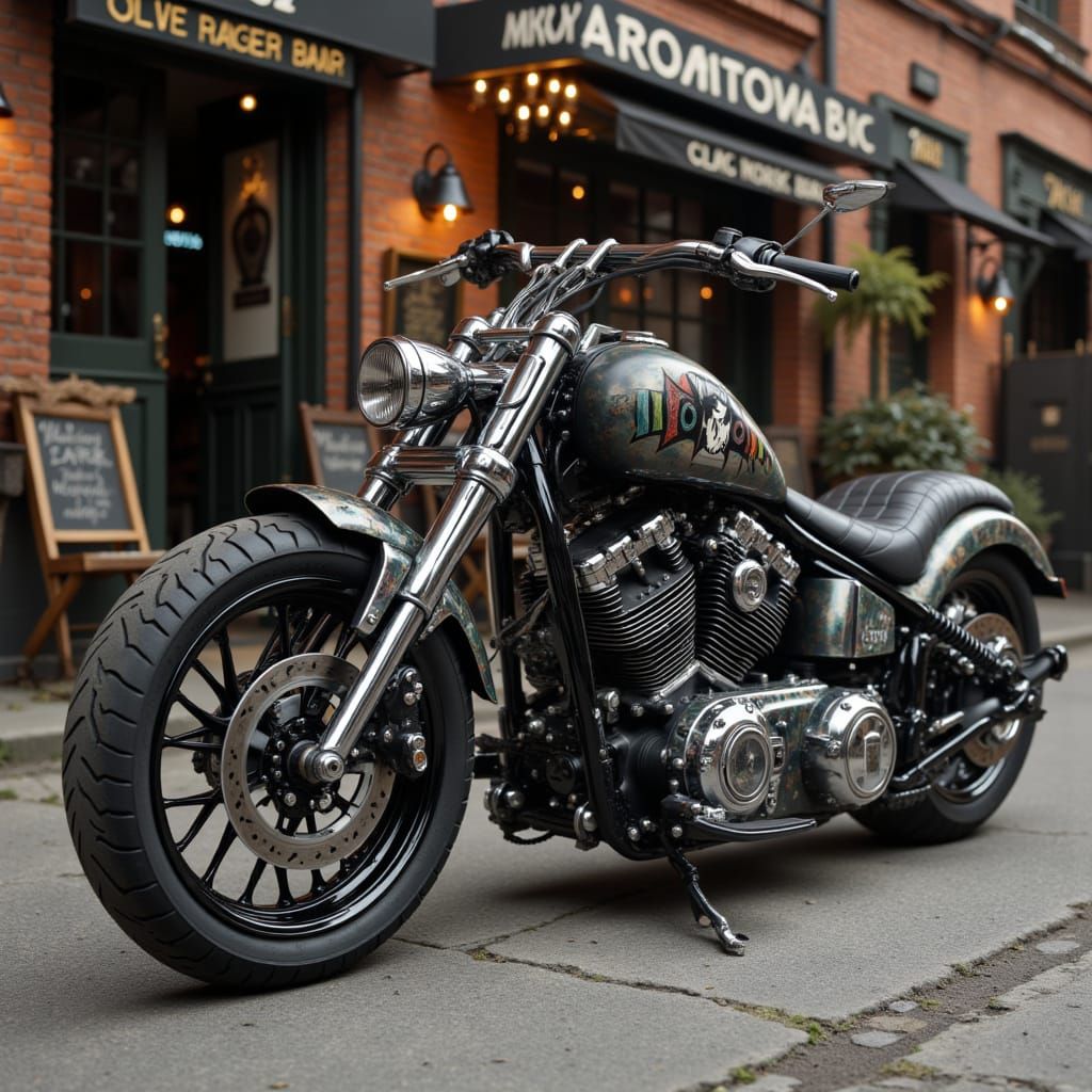 ultrarealistic motorhead inspired motorcycle concept chopper inspired, a stunning chopper motorcycle it's long chrome  front forks with silv...