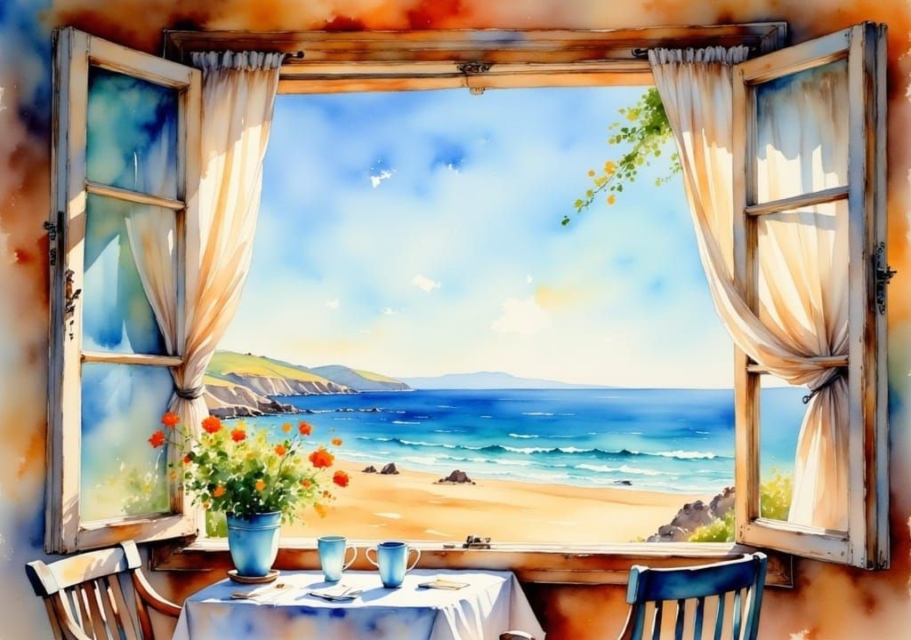 <lora:Like a painting:1.0> A vivable Beach cafe from an open...