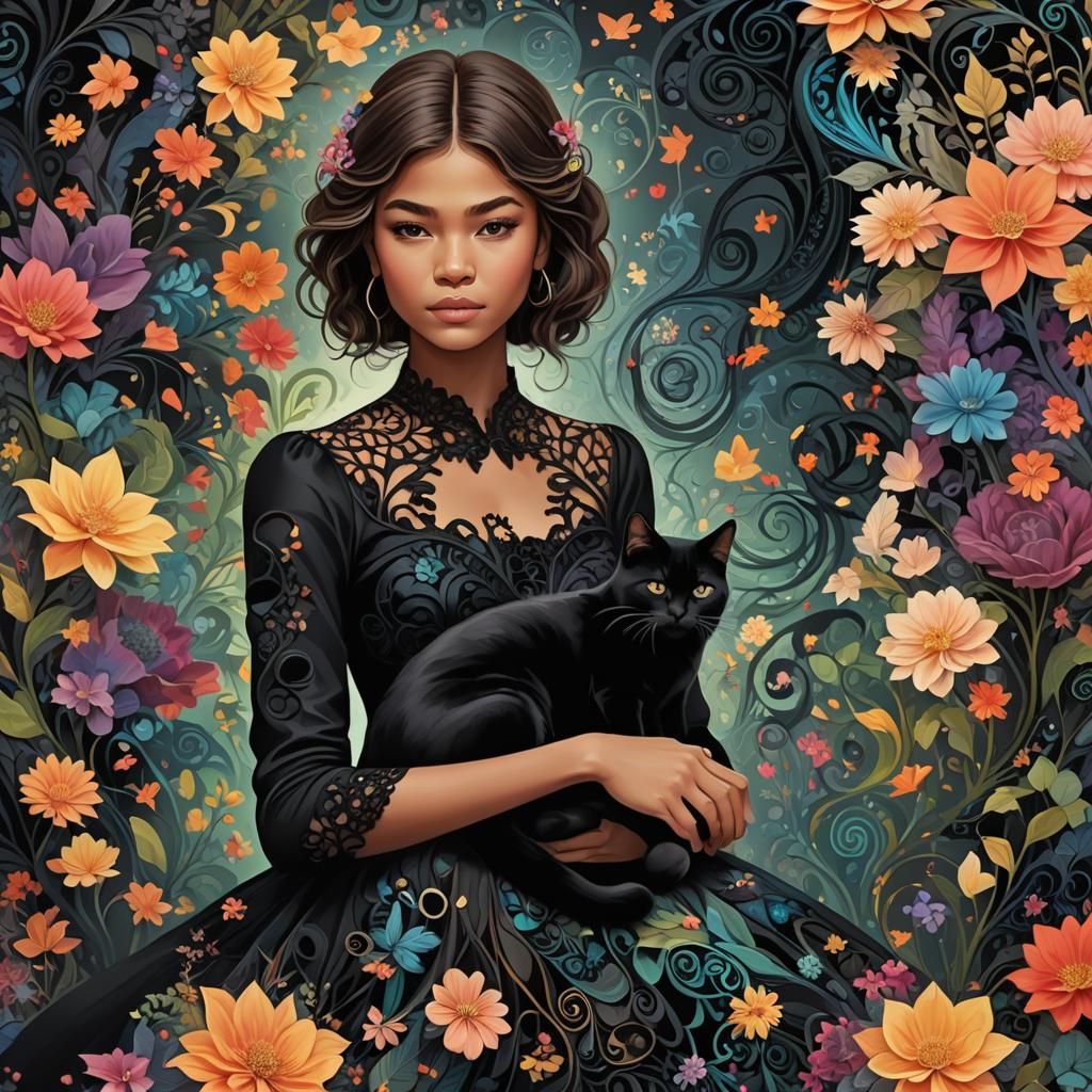 Abstract Fractal: Woman with Cat in Dream Garden