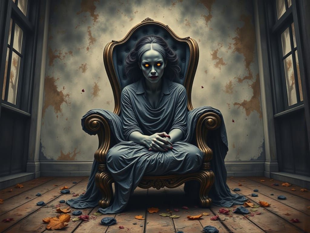 "Pareidolia-inspired haunted painting of a chair in disarray, clothes crumpled to resemble a monstrous silhouette in the dark, ethereal ghos...