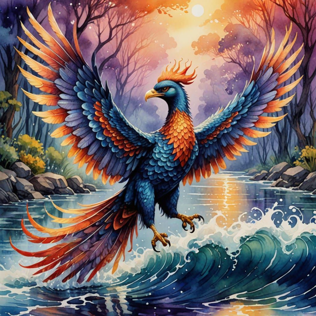 A phoenix ,purples,red blues watercolor   by @eileenMcC