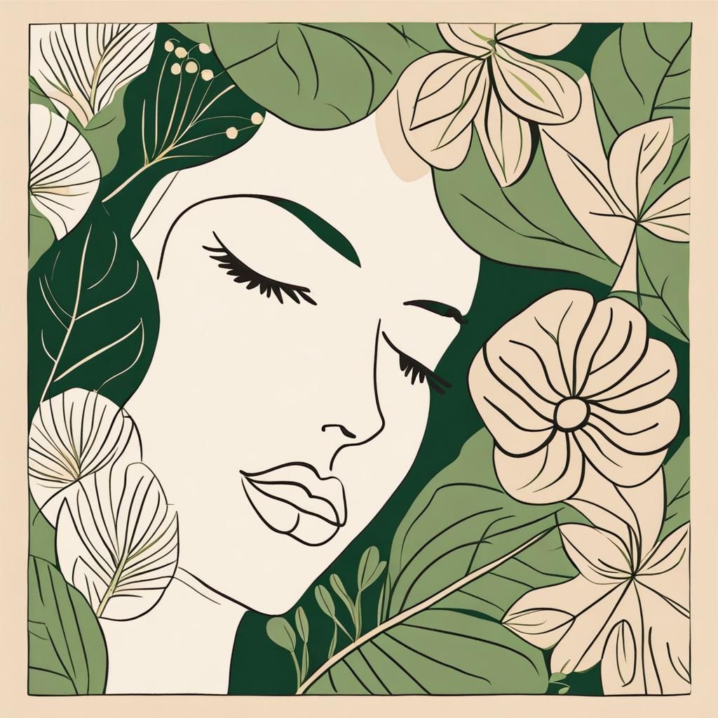 a woman's face with many different patterns of leaves and fl...