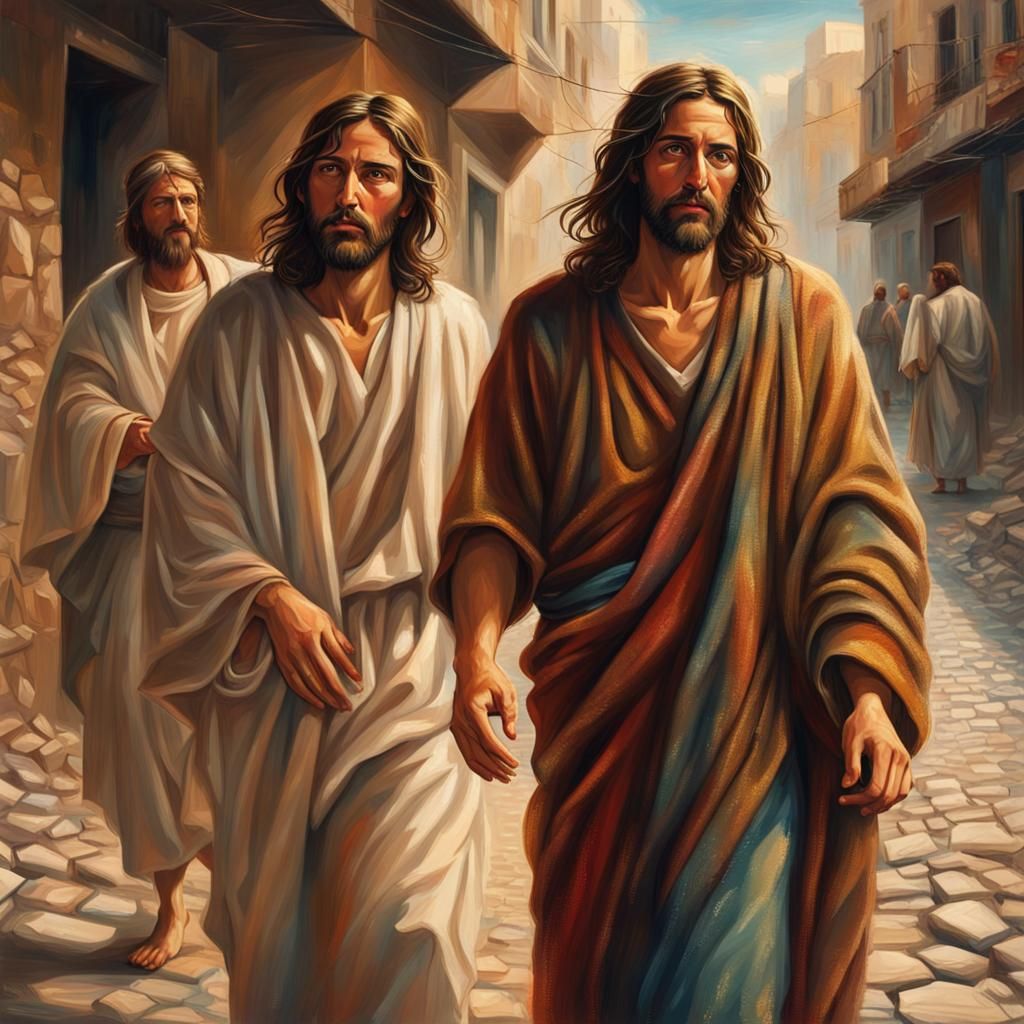 Jesus walking along the road of Emmaus with two men