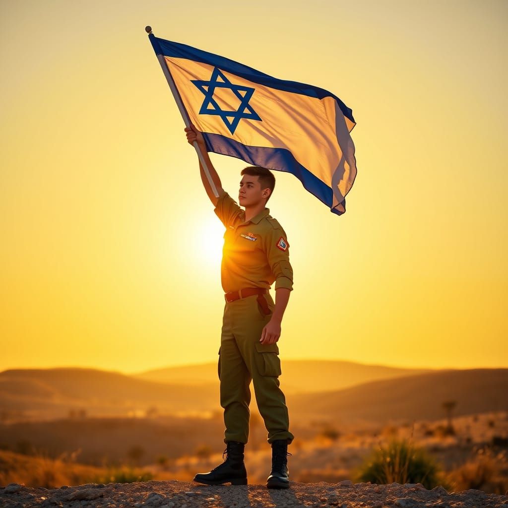 Patriotic Israeli Soldier Raising Flag at Sunrise