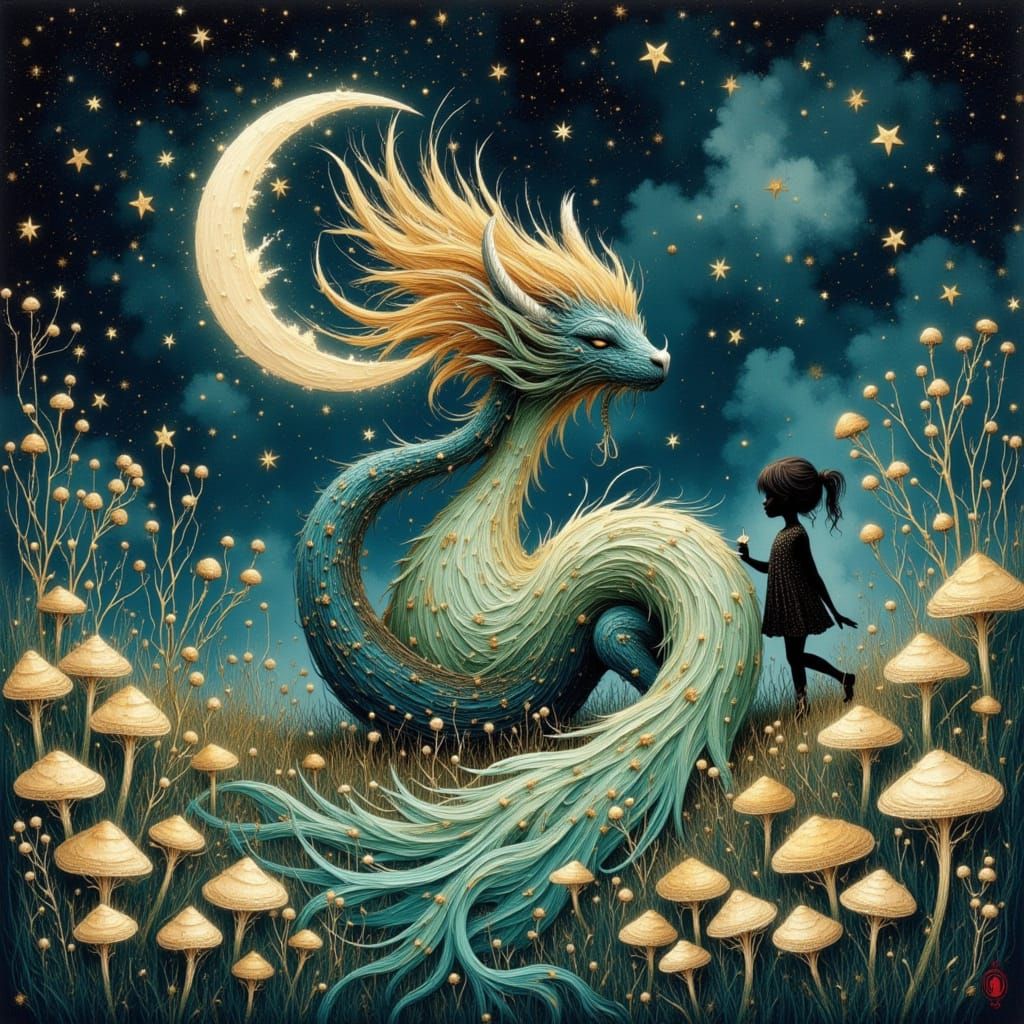 Whimsical Dragon of Moonlight and Stardust in Fantasy Meadow