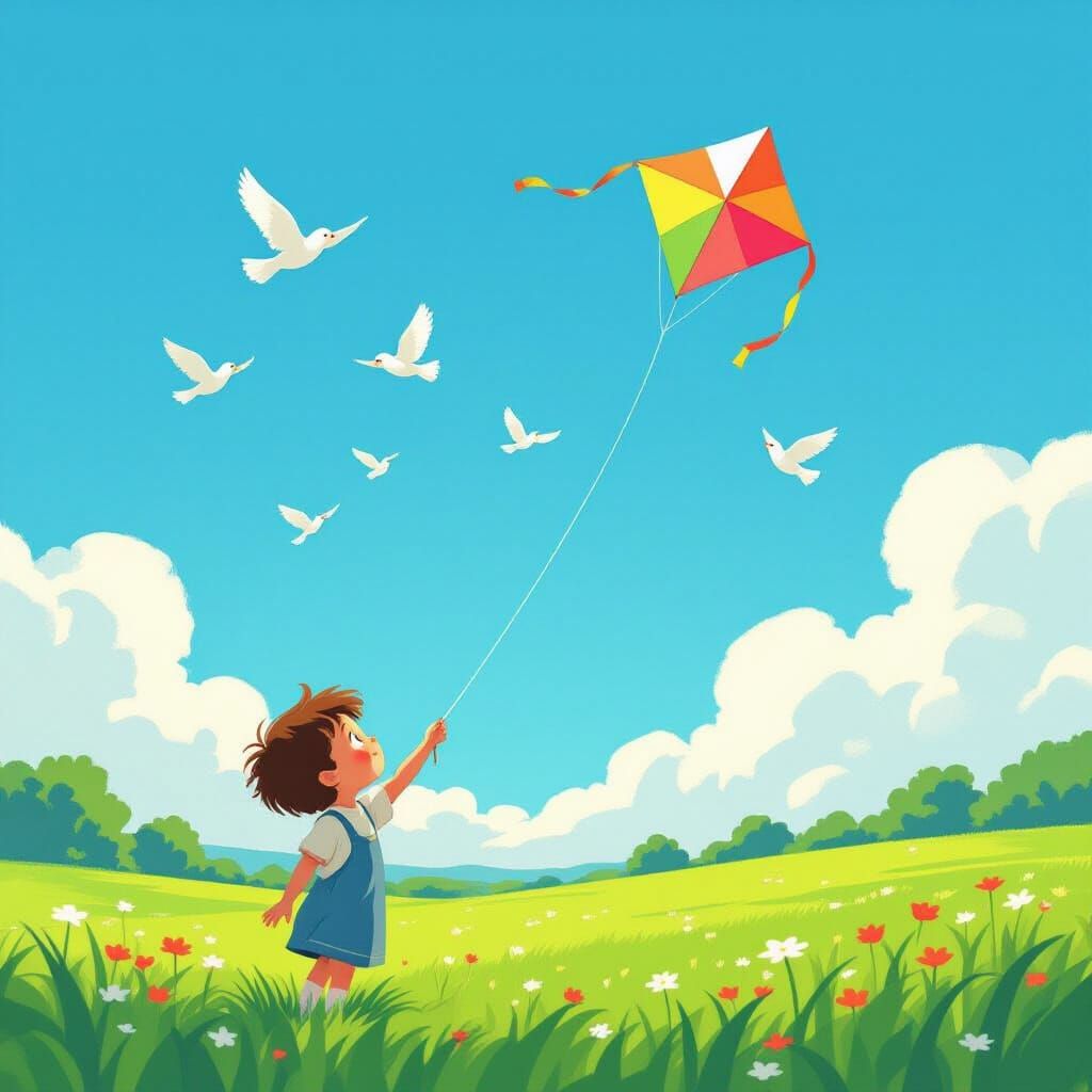 Child Flying Kite in Whimsical Storybook Style