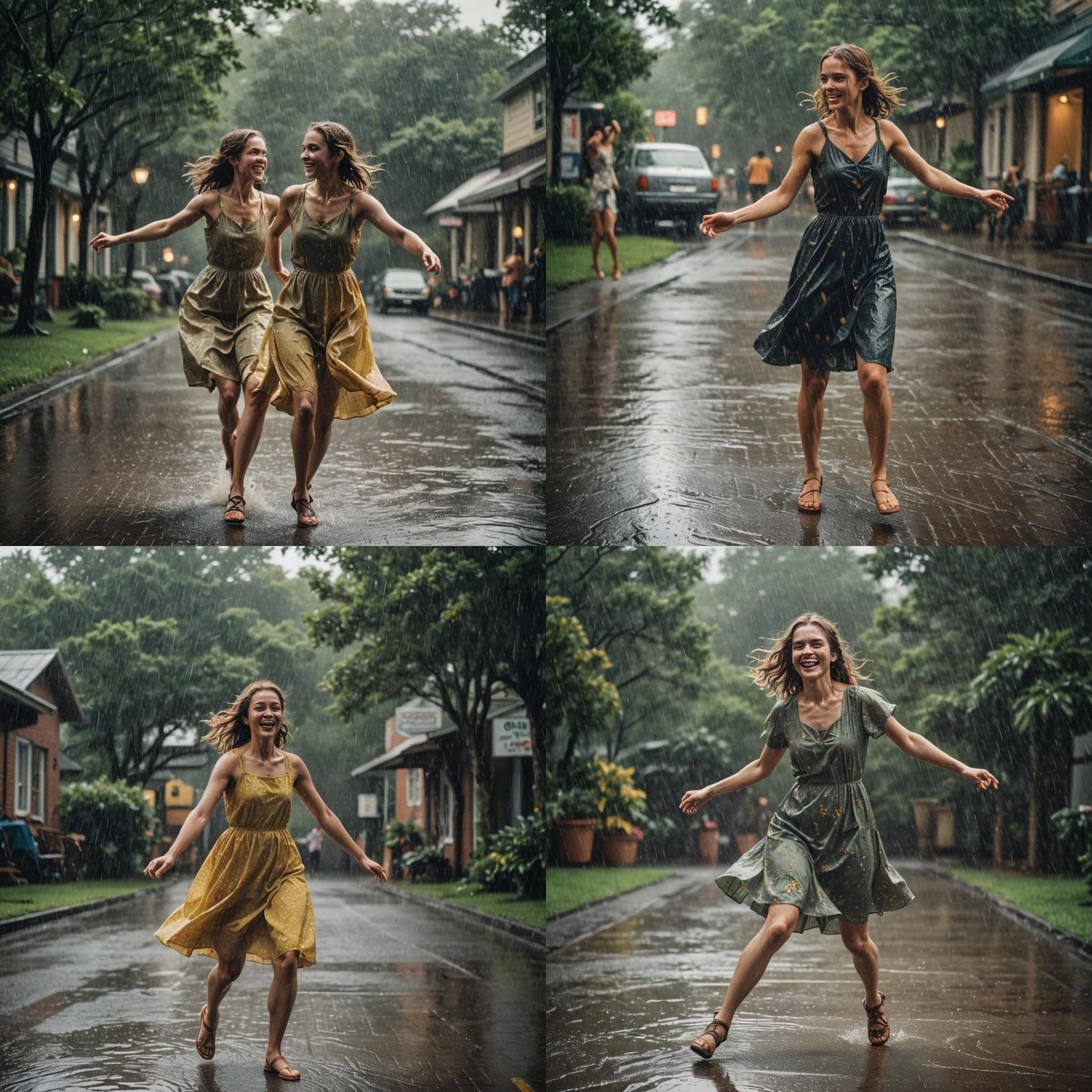 Girl dancing in the rain wearing a sun dress