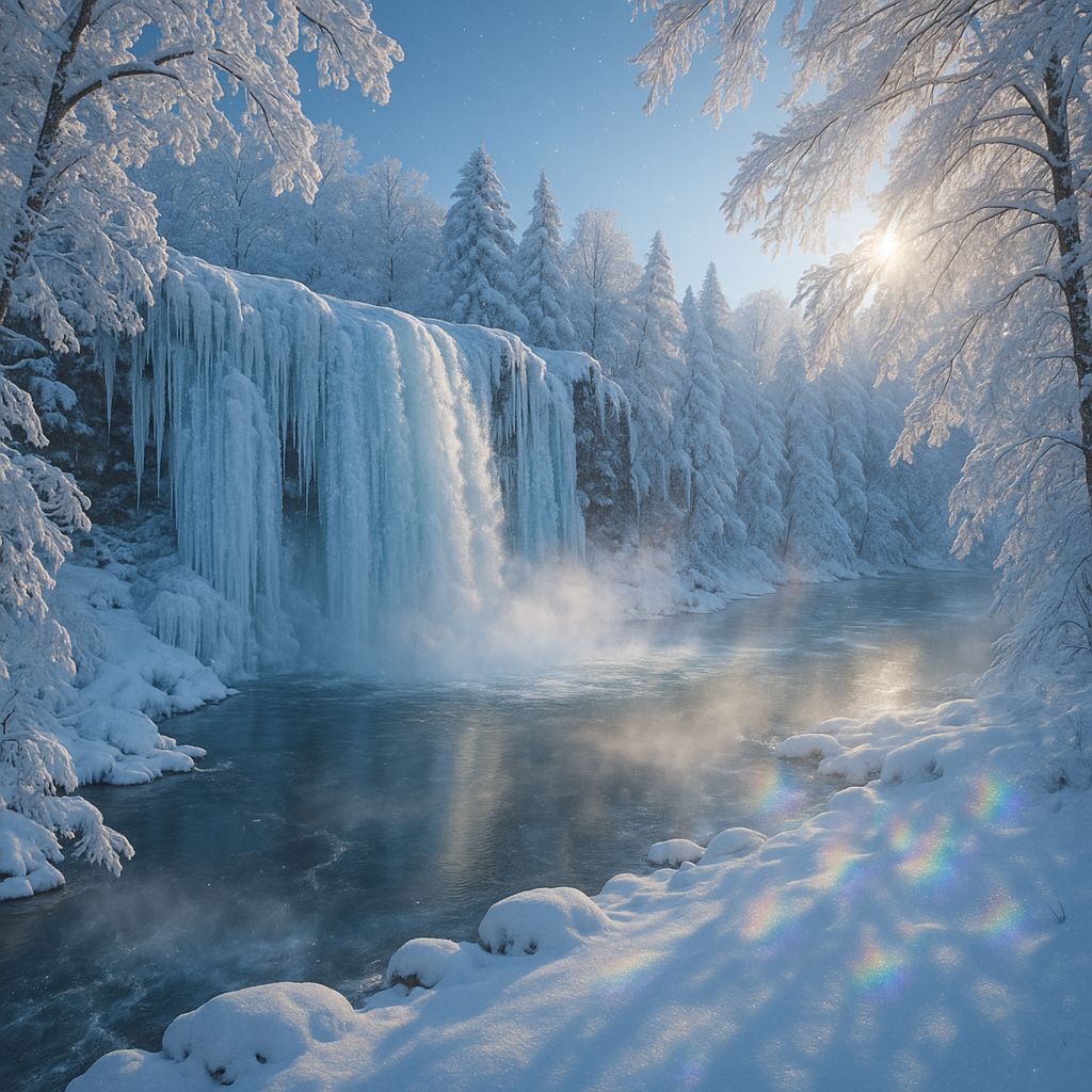 A breathtaking winter landscape where a waterfall has turned into shimmering icicles.   #951: May 20, 2025  by @Lavender Days