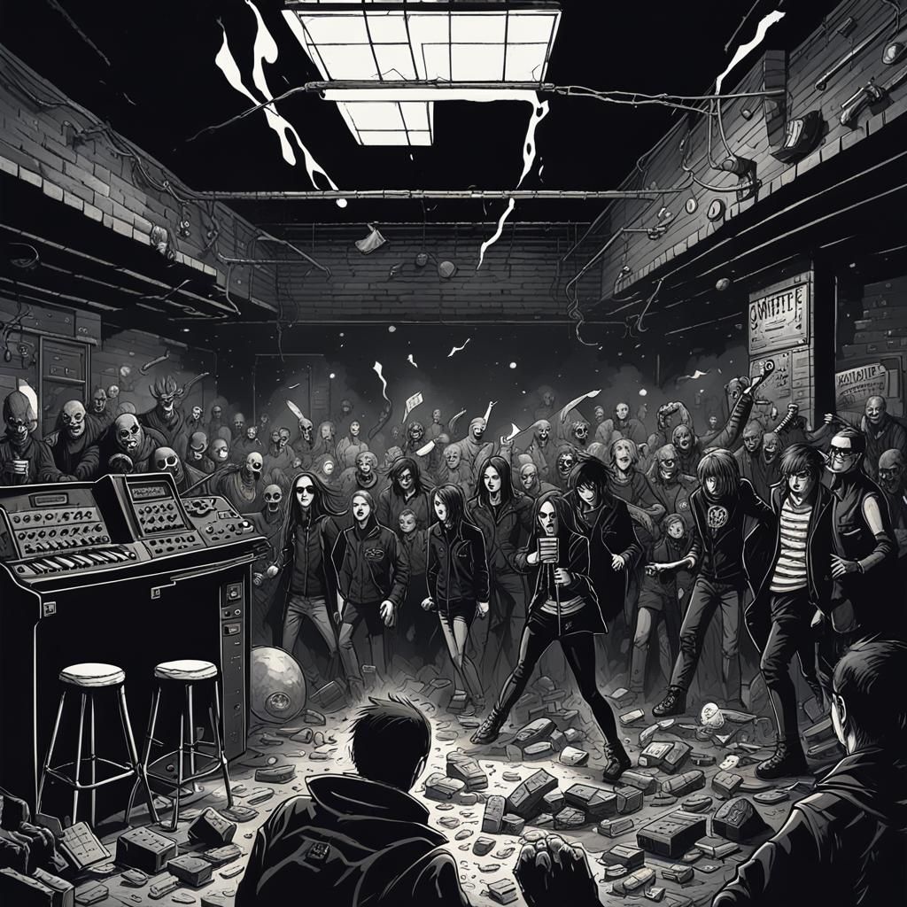dark basement. punk rock performance club. fog. female gothi...