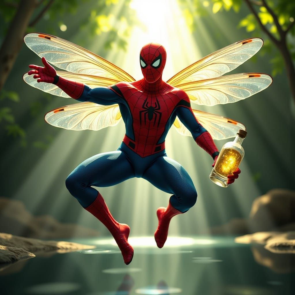 <lora:HyperPhotoRealism:1.0> shirtless, muscular, Peter Parker is wearing only the bottom half of his Spider-Man costume is sprouting damsel...