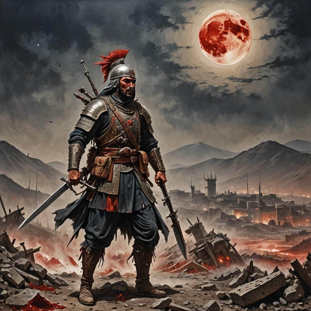 A türkish warrior in front of bloody moon