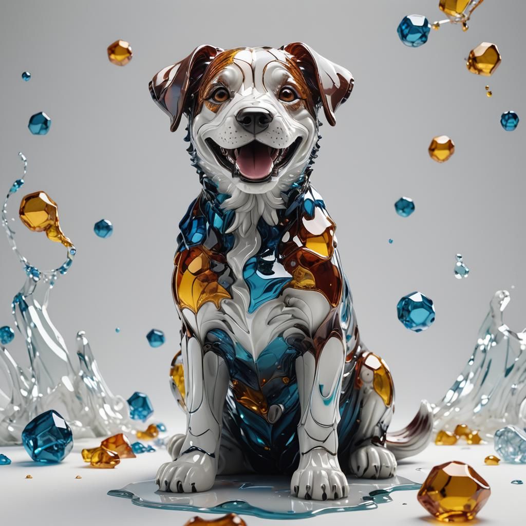 Glass sculpture of happy smiling sitting dog puppy on white ...