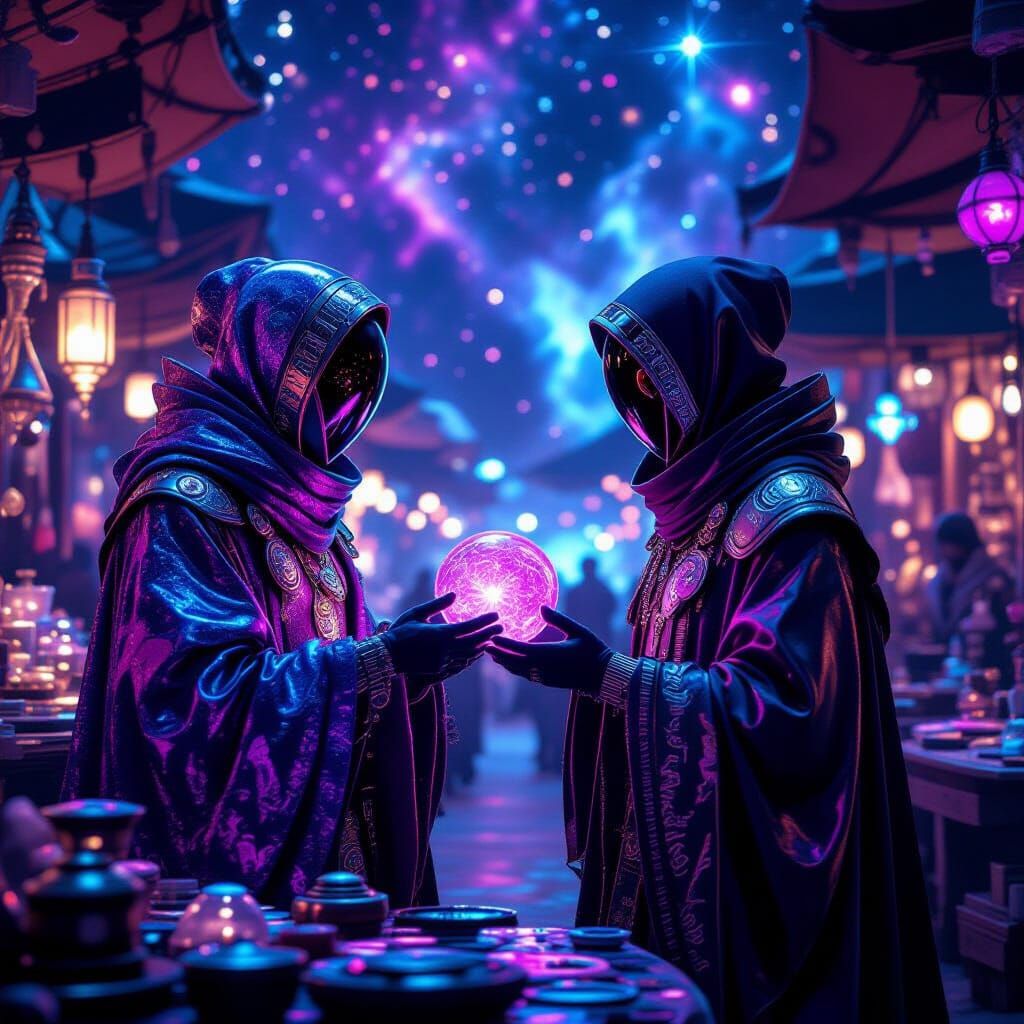 An intergalactic trader, adorned in shimmering, futuristic fabrics, examines a peculiar, pulsating artifact ...  by @Hani1