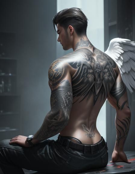 (On a Muscle Man's Back a Tattoo) France theme angel and dem...