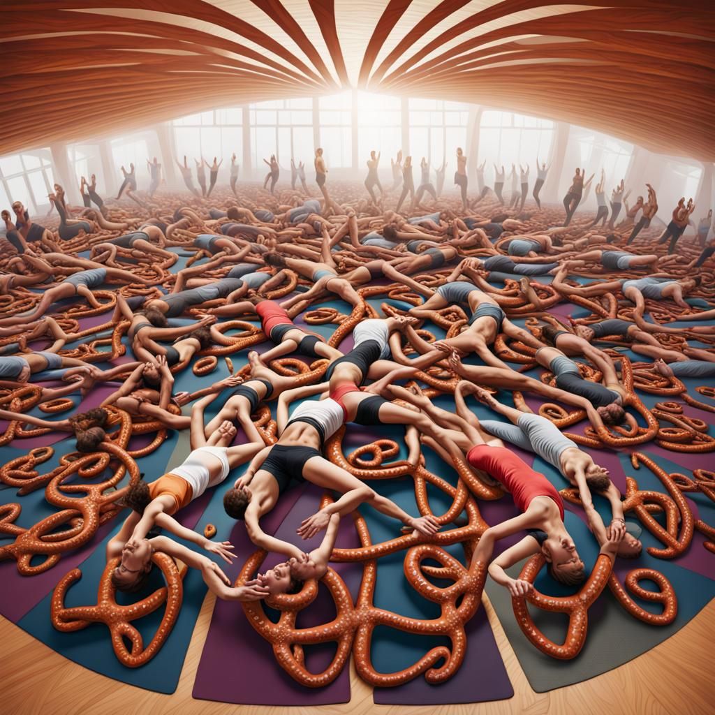 Room full of people in a pretzel yoga pose. deep color, fantastical