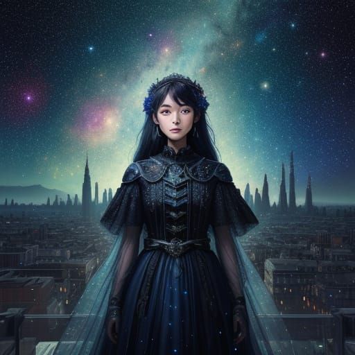 Surreal Princess Amidst Celestial Cities