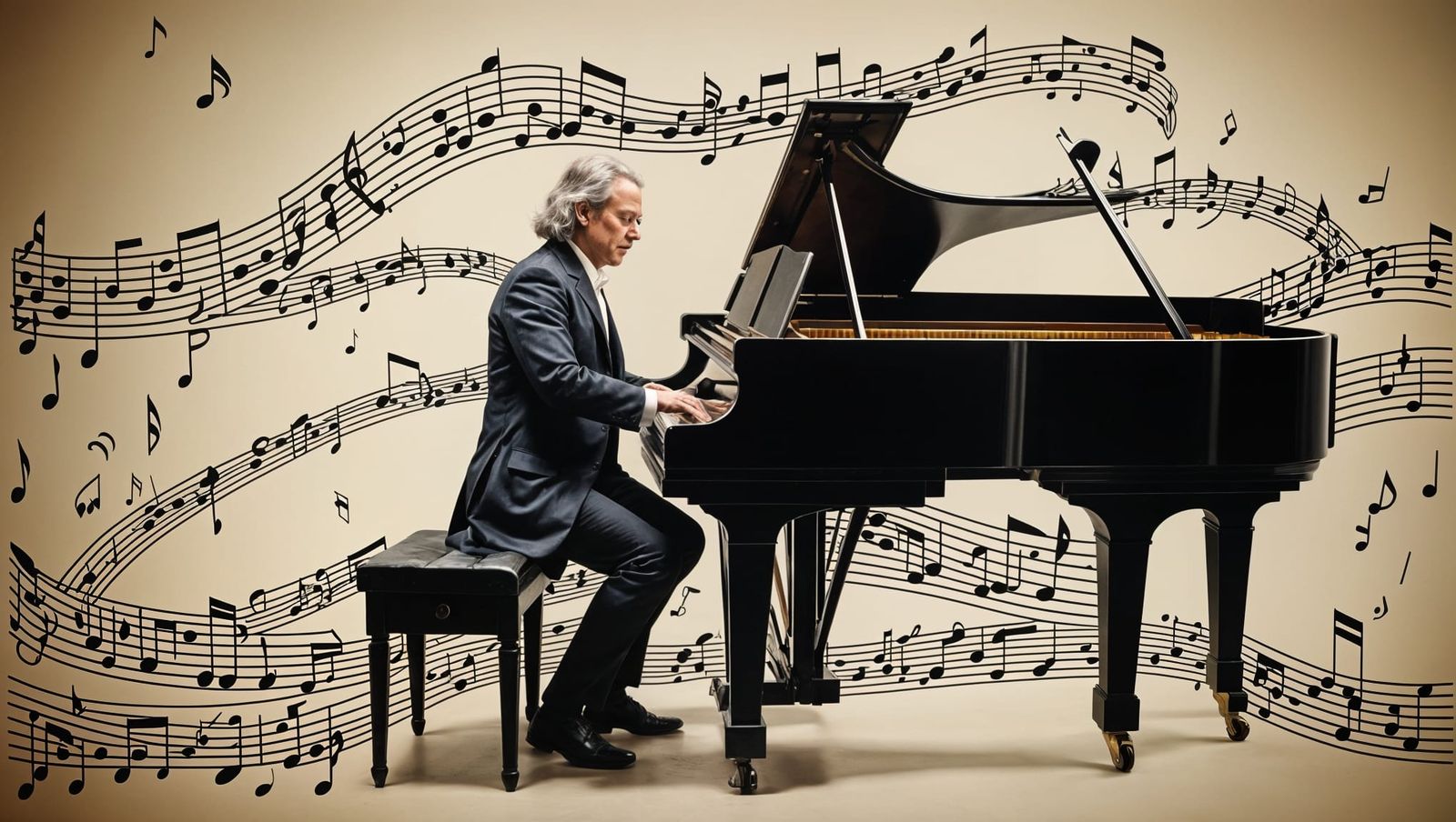 J. S. Bach plays the harpsichord over a wave of musical notes  by @aNta