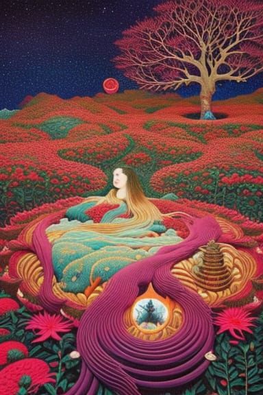 celestial woman in Surreal artisanal bed made entirely of Su...