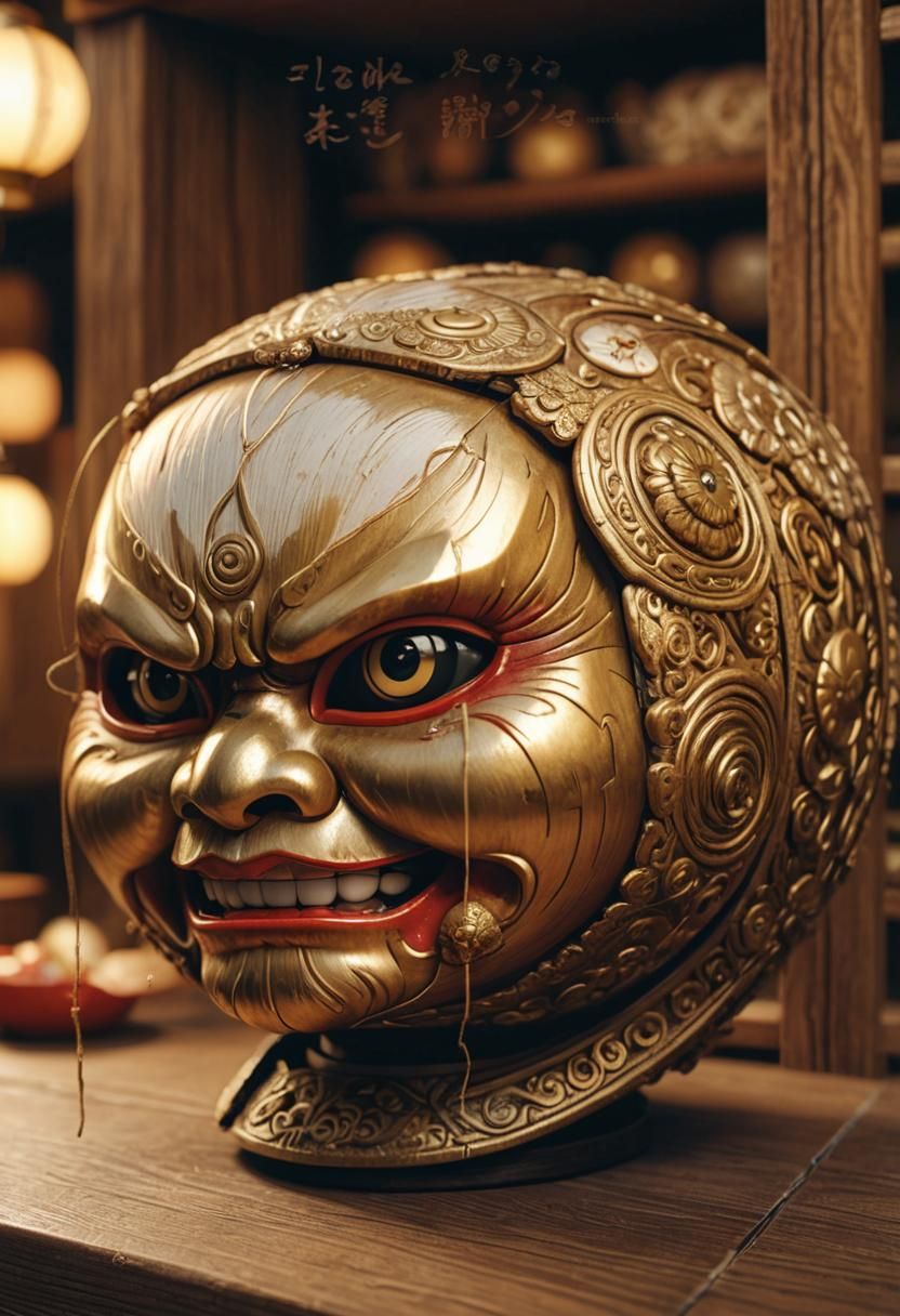 Ornate Daruma Doll in Golden Light, 3D Anime