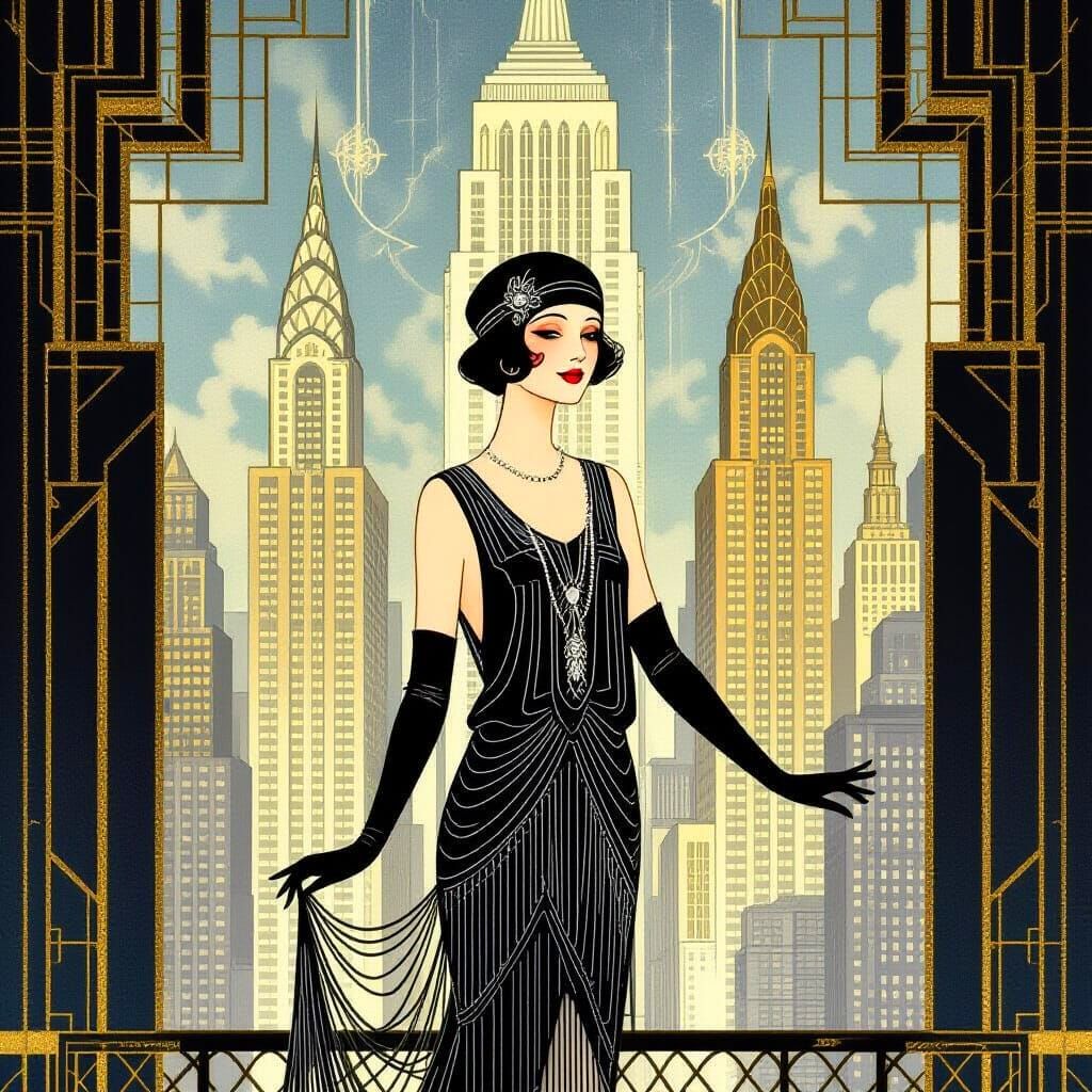 Imagine a sophisticated art deco cityscape, where towering skyscrapers are adorned with intricate geometric patterns and shimmering metallic...