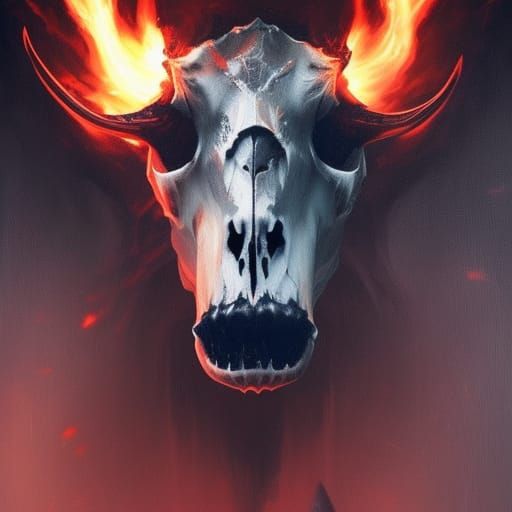 A goat skull bleeding a black ooze with fire coming out of t...