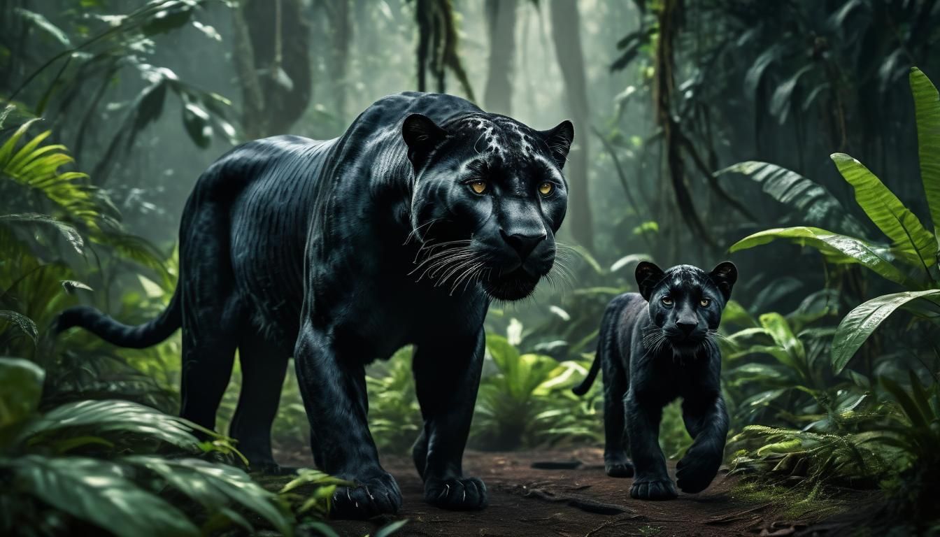 Rainforest Scenes: A mother black panther and her cub  by @Marcos