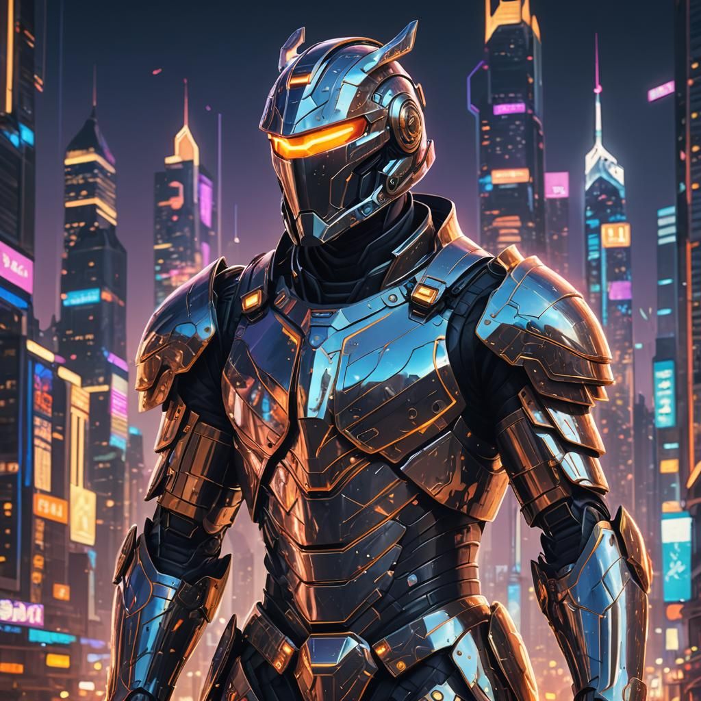 Futuristic Knight in Neon Cityscape: Concept Art