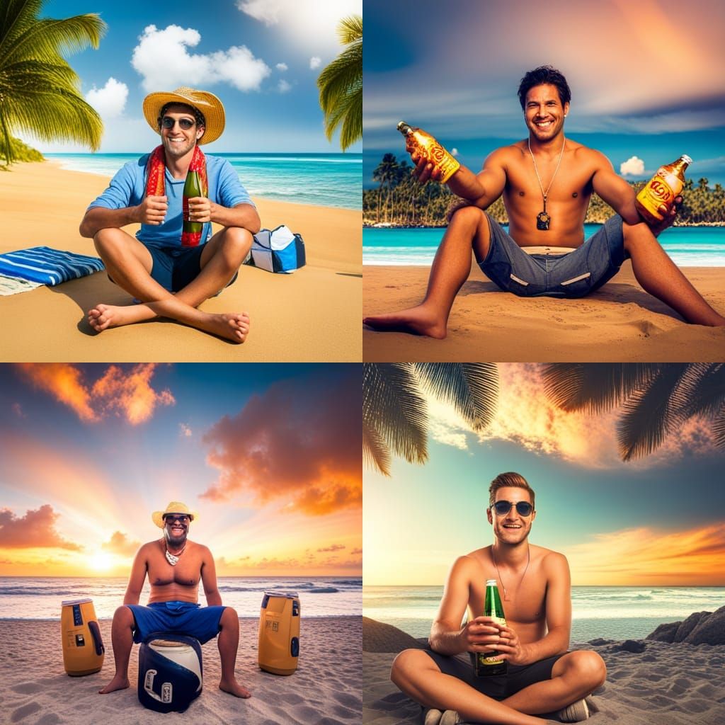man sitting in a beautiful beach holding a cold corona beer ...