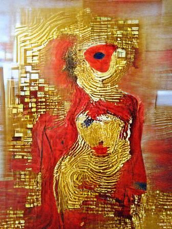 Woman in red and gold