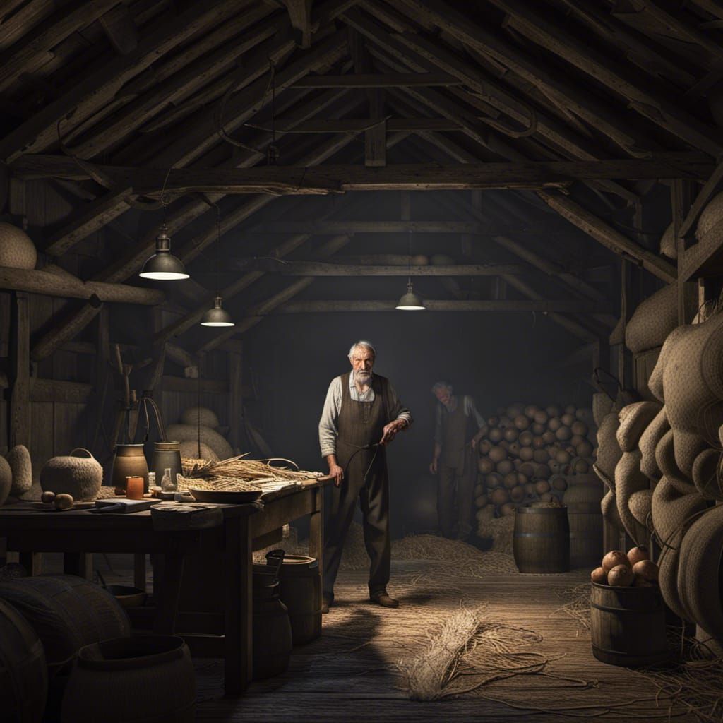 Medieval barn and worker