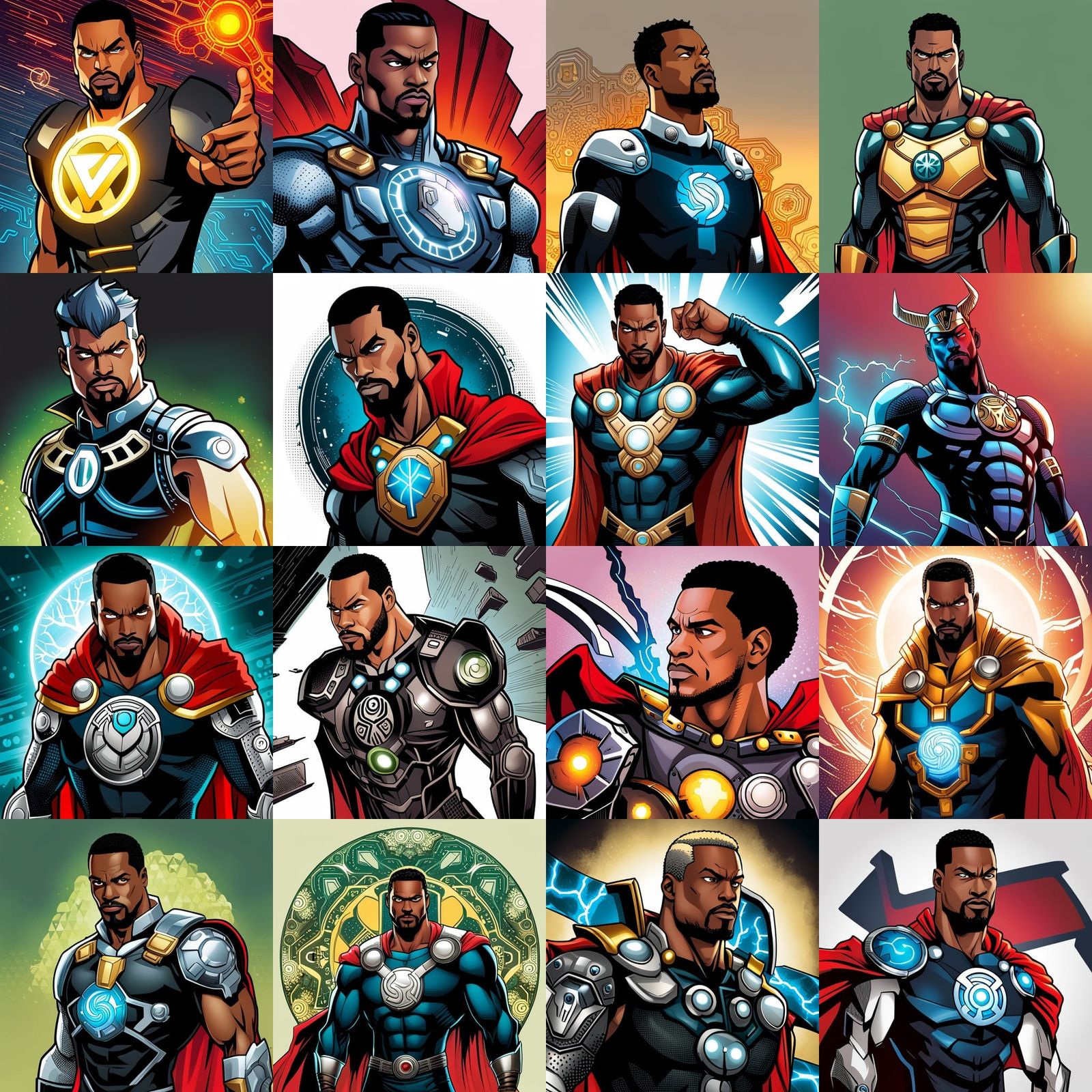 A black male superhero character design drawn by Dan Mora wi...