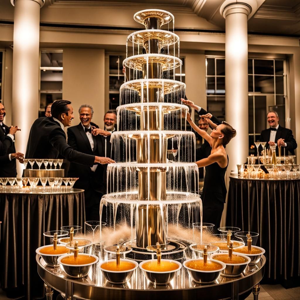 Spectacular champagne fountain at a new years party. - AI