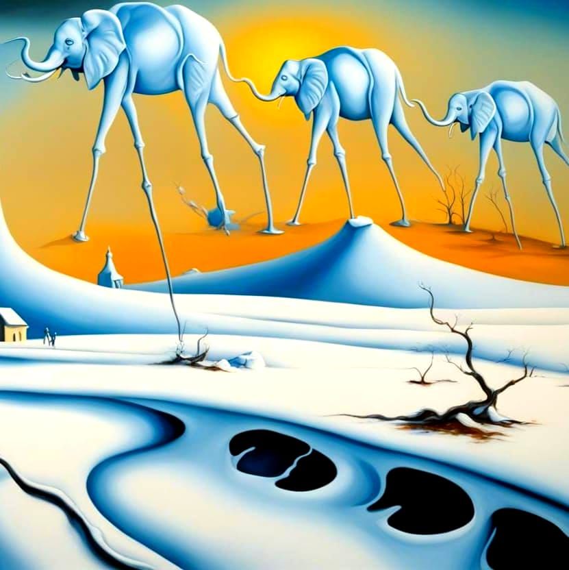 Surreal Winter Landscape with Elephants, in Dali Style