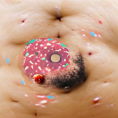 A jelly donut with sprinkles in a fat mans bellybutton