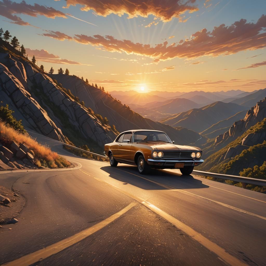 A old car in road sunset hyperrealistic mountain
