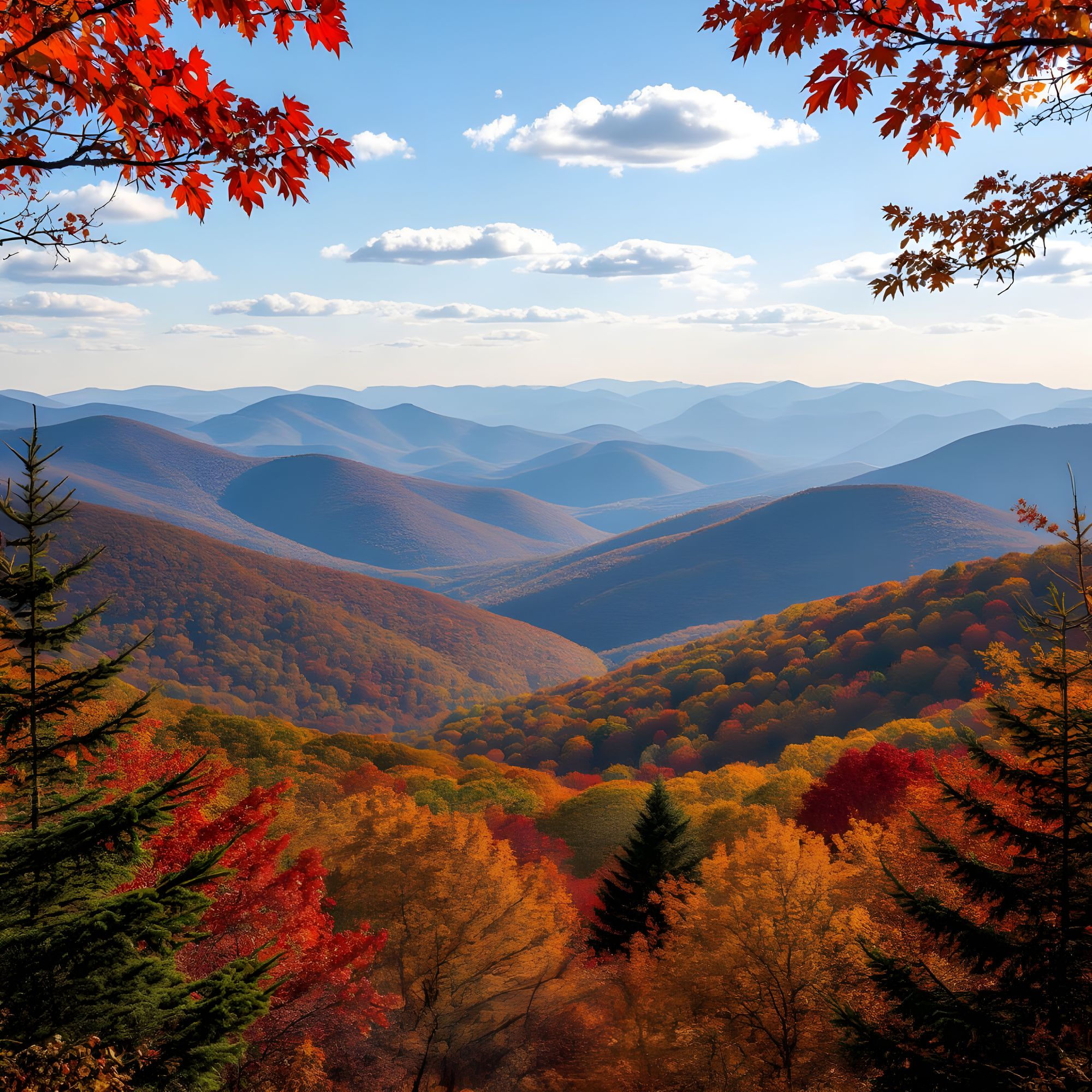 "A breathtaking panoramic view of a vast mountain range, reminiscent of the Appalachian or Rocky Mountains, captured at the peak of autumn. ...