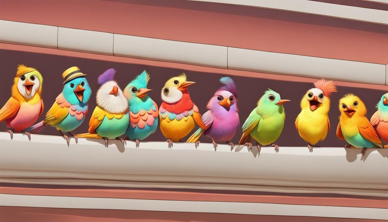 A Chorus line,  colorful birds,  funny laughing exaggerated ...