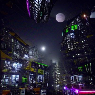 Haunted Cyberpunk Cityscape Beneath Full Moon