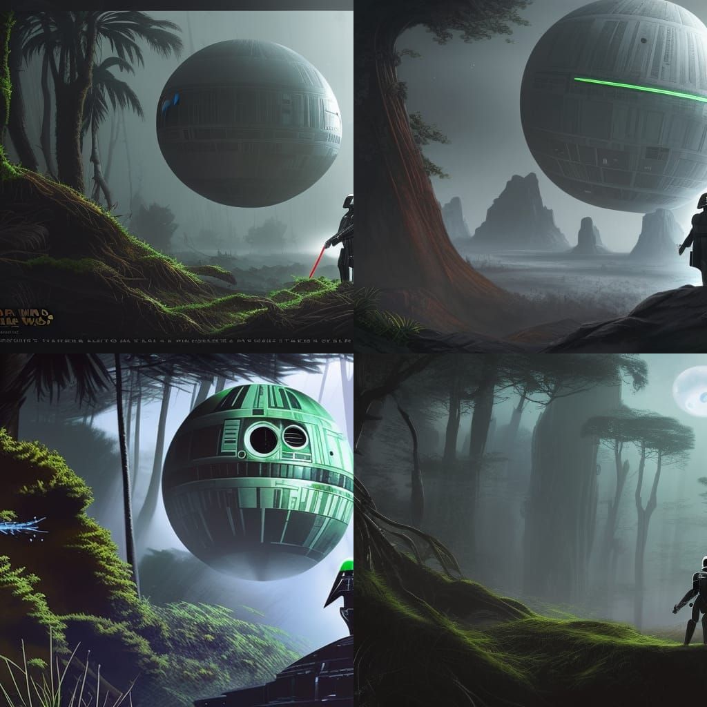 star wars vader on fallen death star covered by vegetation