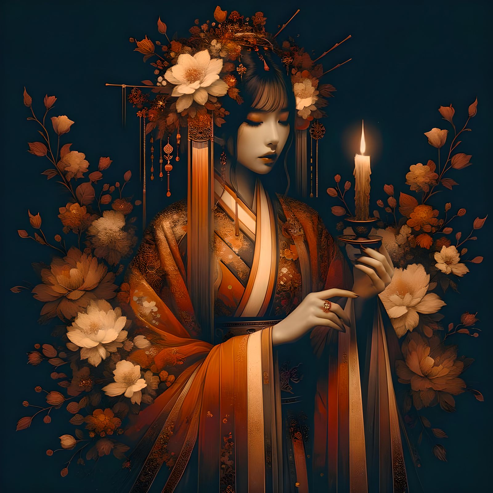 chinese woman dressed in oriental with a candle, in the style of dark orange and gold, romantic depictions ...  by @undefined