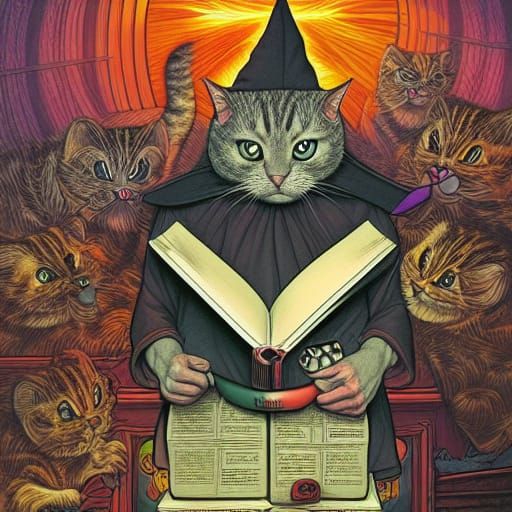 Wizard cat reads from book of magical lore as other cats look on.  by @Steve Dufour
