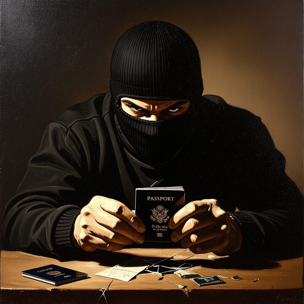 Thief Breaking Into Passport: Dramatic Chiaroscuro Oil Paint...